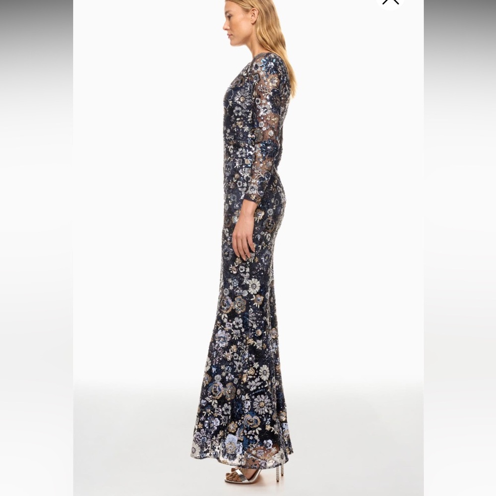 Dress the Population Navy Floral Sequin Long Sleeve Gown - Picture 3 of 11